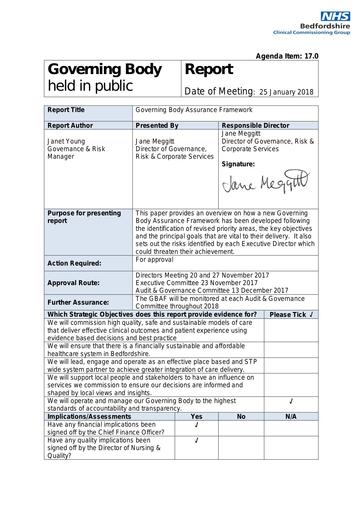 17.0 governing body assurance framework