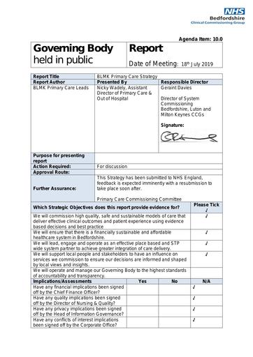 10.0 BLMK primary care strategy front sheet